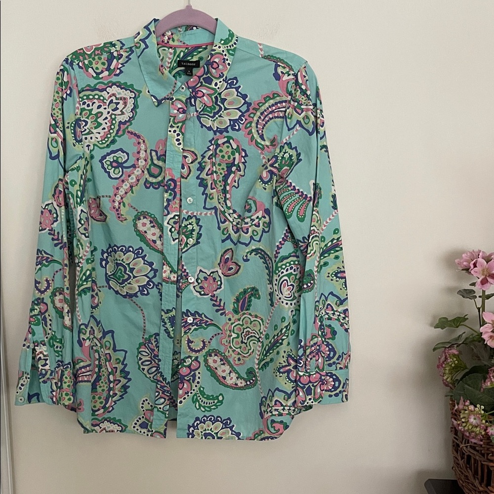 Talbots 100% Cotton Mint Green Paisley Button-Up Shirt with Pink n Navy Accents - Picture 2 of 12